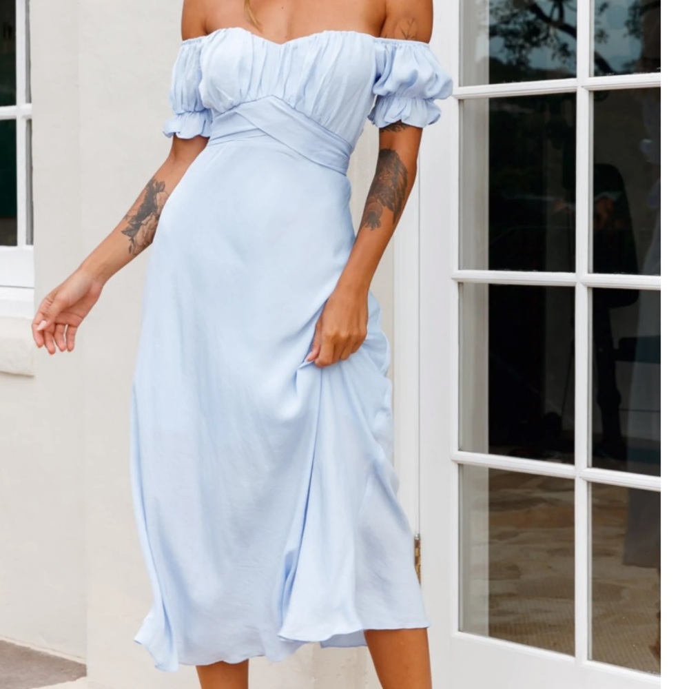 Selfie Leslie Midi Puff Sleeve off shoulder Linka Dress Size XS Steel Blue